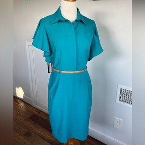 Structured Calvin Klein Aqua Blue Dress With Butterfly Sleeves and Belt, Size 8